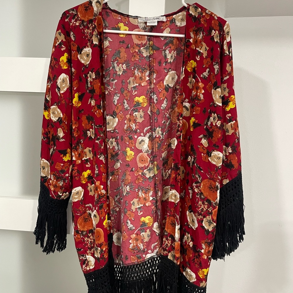 Sans Souci Red and Black Floral and Fringe Cover Up Caftan